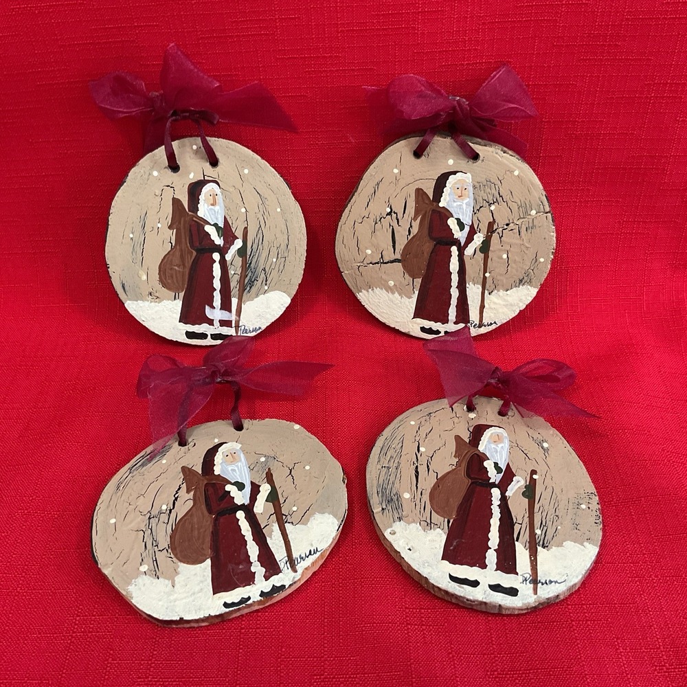 Handcrafted Rustic Wooden Folk Art Santa Ornaments Cabin Christmas Lot of 4